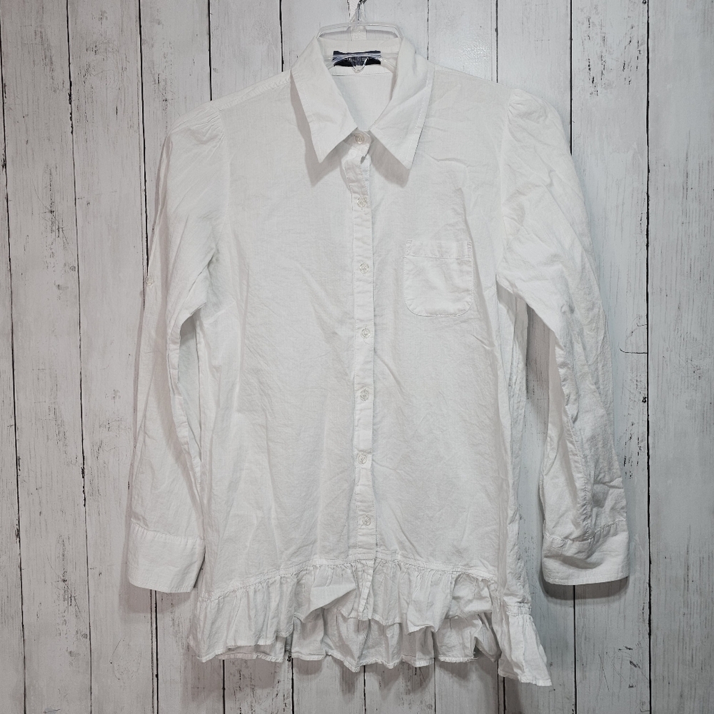 Fleurish Women's White Cotton Ruffle Hem Button Up Shirt Size Medium/ Large.